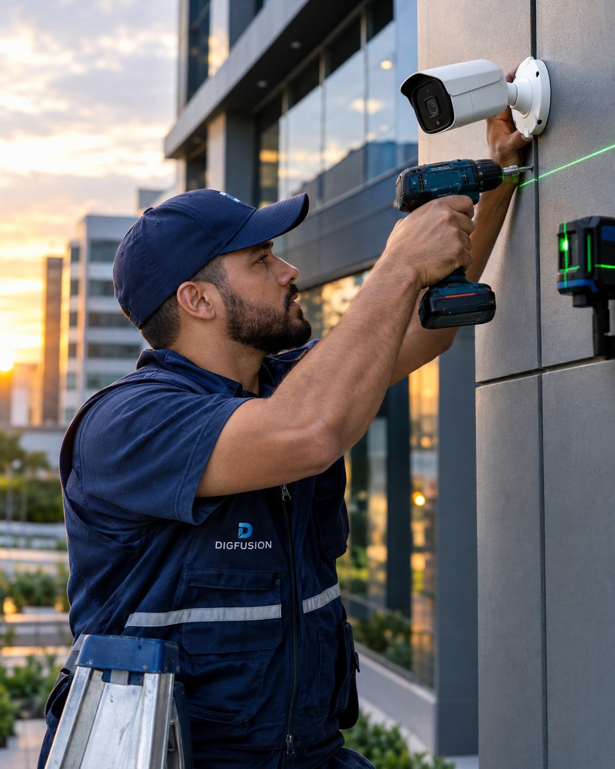 Técnico DigFusion instalando câmera de segurança